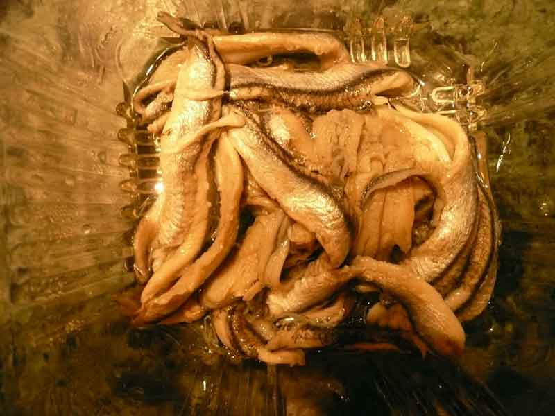 Marinated anchovies are white, not red. Excellent with drinks.