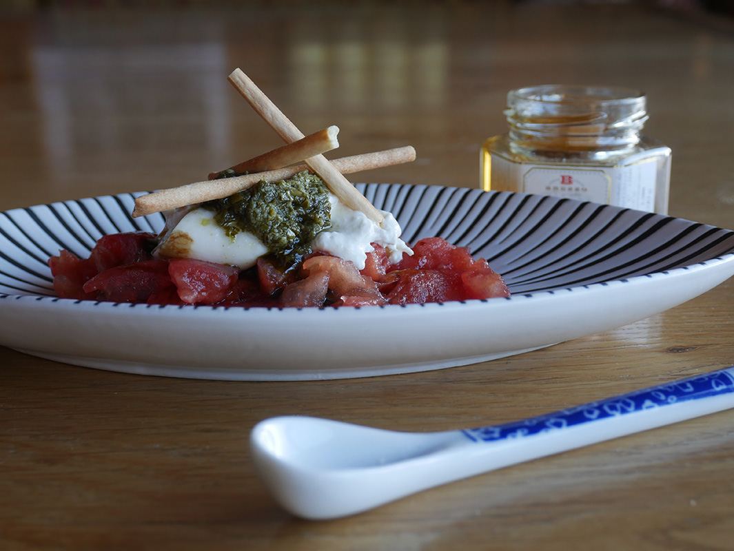 burrata with pesto and truffle honey
