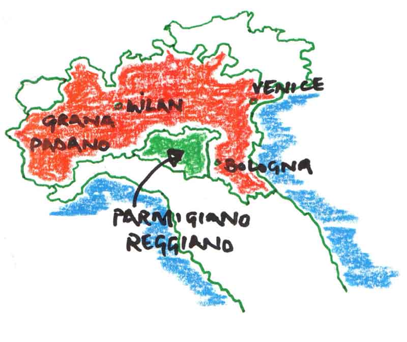 The area where Parmigiano Reggiano (aka Parmesan) is made adjoins the area where Grana Padano is made, but it is much smaller.