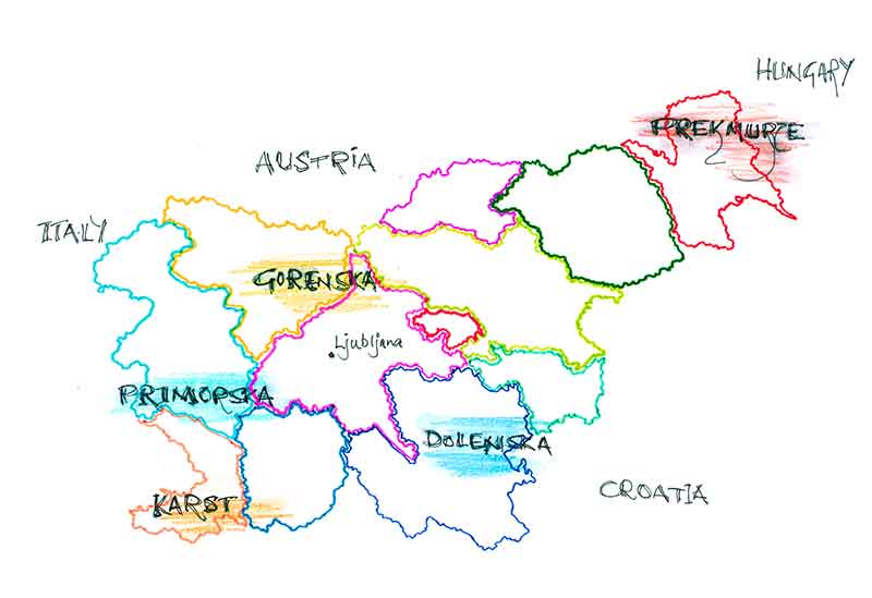 Map of Slovenia showing some of the main gastronomic regions.