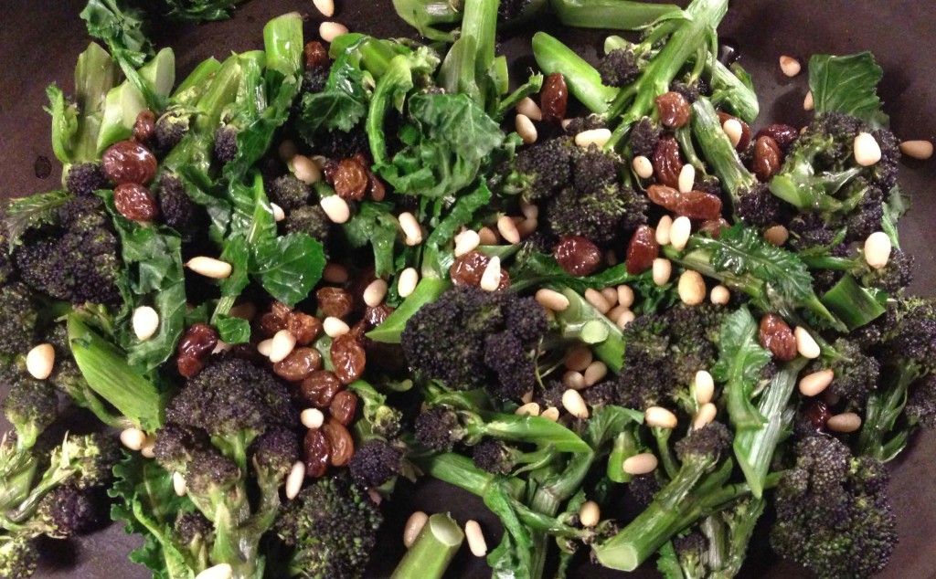 purple sprouting with raisins and pine nuts recipe