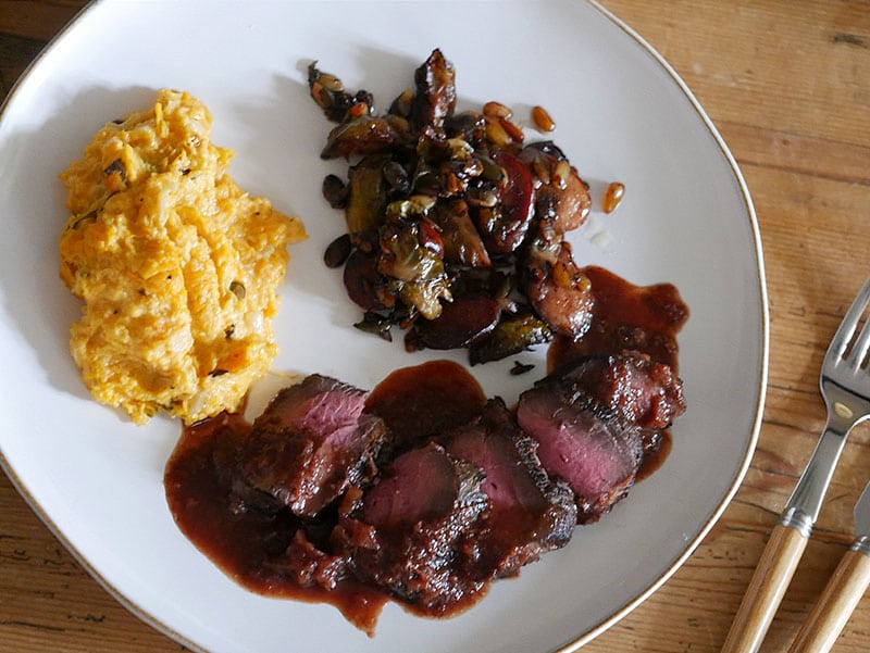 venison steaks with butternut squash and nutty brussels sprouts recipe